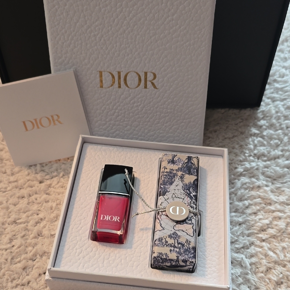 Authentic Dior Red Nail Polish with Lip Stick And Toile Charm Case